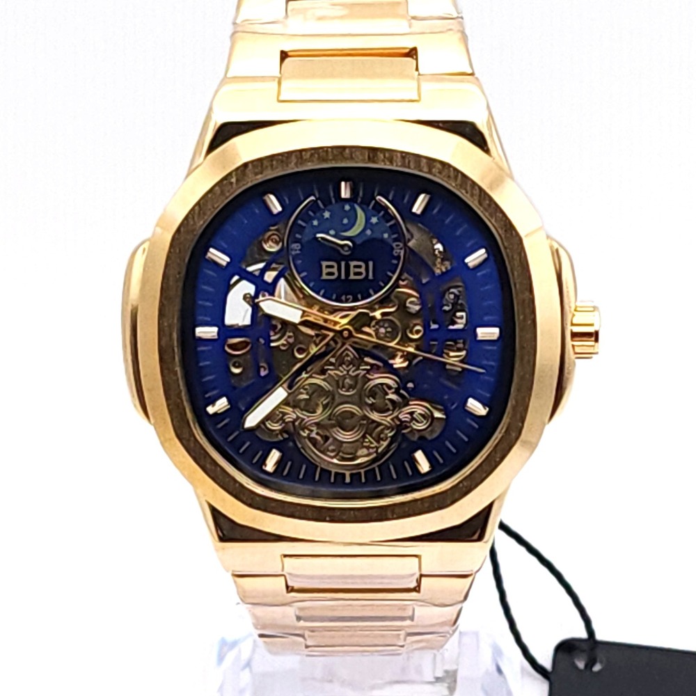 BIBI Automatic Skeleton Watch Men's Gold Tone Blue Dial 42mm Box New Luxury - Picture 3 of 17